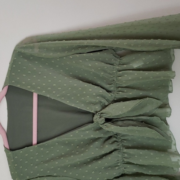 Tie front peplum swiss dot green girlie top, trendy, cropped, v neck, women's M - Picture 2 of 8